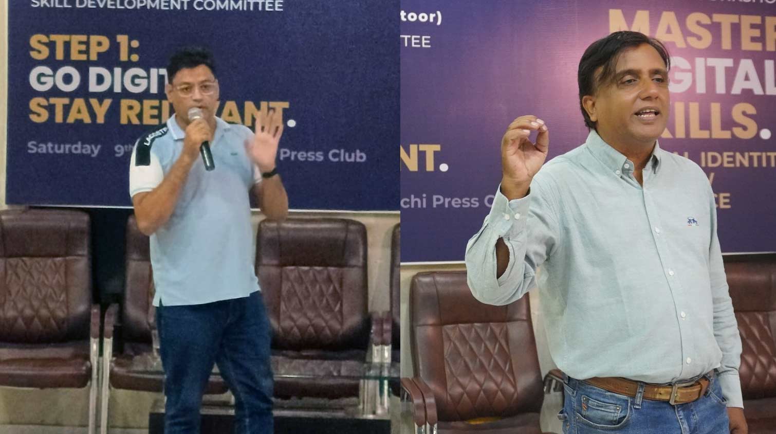Trainers Rehan Hyder and Babar Ali speaking during their lectures at the Karachi Union of Journalists (KUJ) workshop, engaging with the audience.